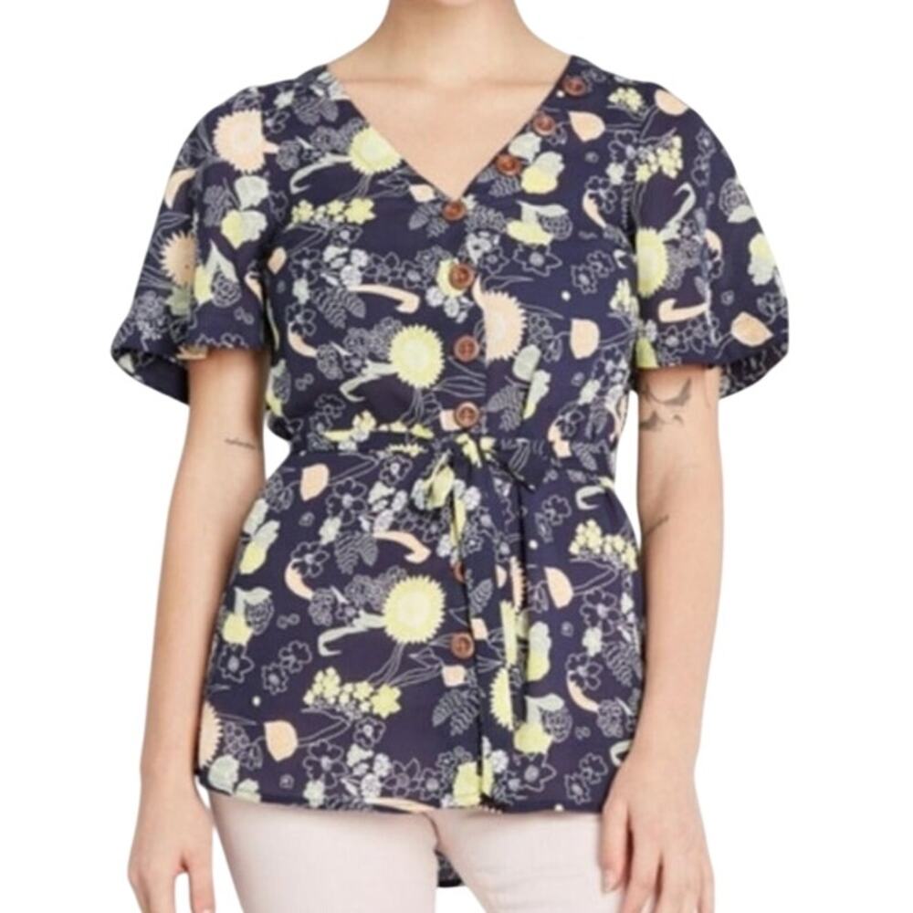 Modcloth Floral Print Blouse Top Belted Button Front V Neck Navy Blue NEW Small